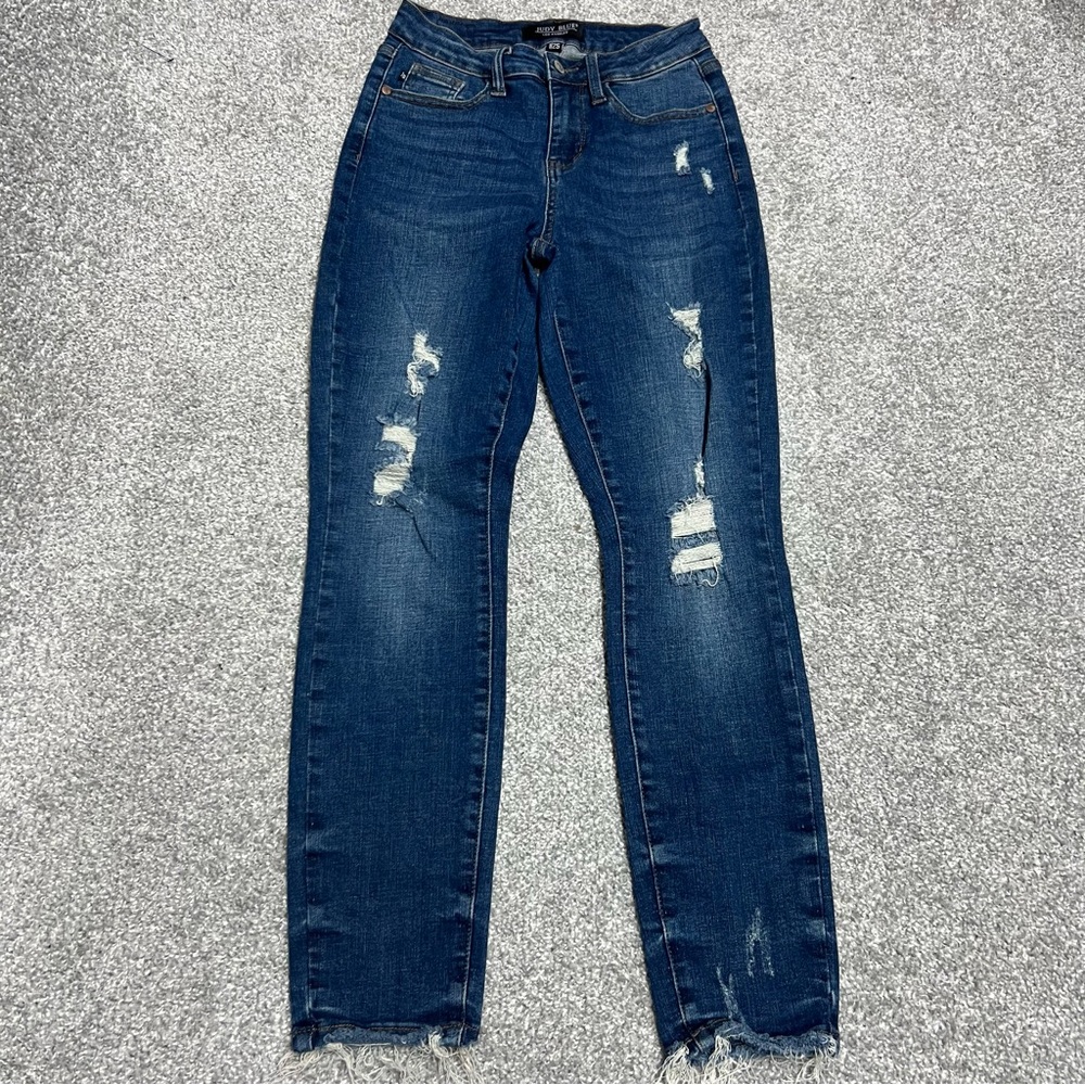Judy Blue Jeans Womens 1/25 Blue Dark Wash Relaxed Fit Distressed Denim JB88304